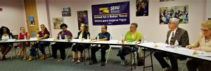 This month, Houston janitors and security officers were joined by Texas State Senator Sylvia Garcia and City Council Member Robert Gallegos for a round table discussion regarding a recently released report on alleged wage theft by City contractors at tax-payer funded facilities.