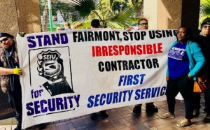 At this week’s action, security officers called on First Security to stop engaging in what employees believe is wage theft and retaliation when officers try to speak out to resolve problems with FSS management.