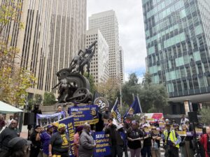 Union security officers rally in downtown San Francisco to announce the authorization of an Unfair Labor Practice (ULP) strike